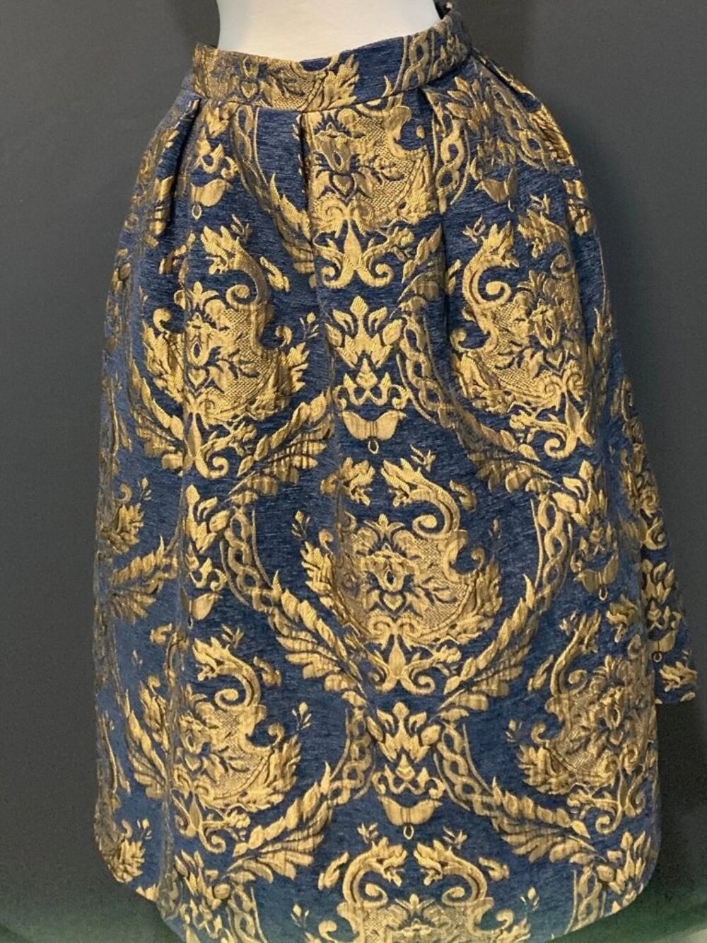 Navy Blue & Gold Brocade Flare Skirt Sz XL Damask Jacquard Anthropologie